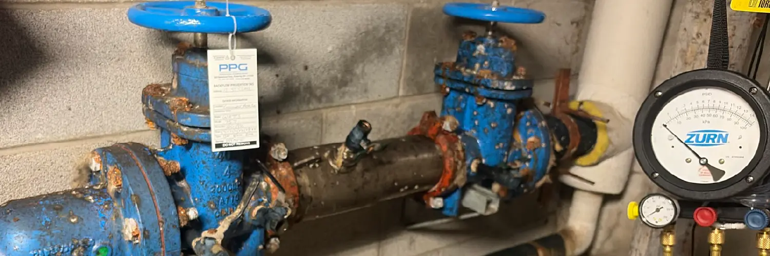Backflow Testing Reporting GTA Professional Plumbing Group Certified technician performing commercial backflow testing and reporting for a GTA commercial property – Professional Plumbing Group